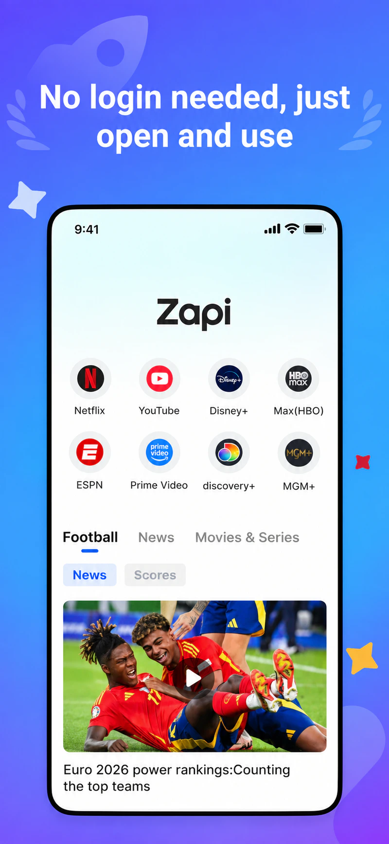 Zapi home screen with quick access to news, sports and entertainment